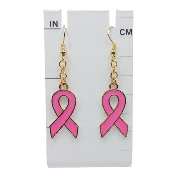 Pink Ribbon Awareness Earrings Gold Tone Dangles - Picture 4 of 4